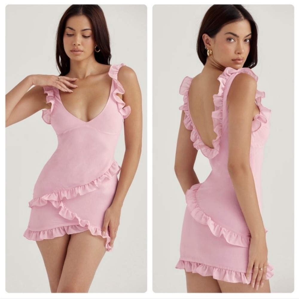HOUSE OF CB Tania Pink Quartz Ruffle Mini Dress Deep V-Neck Open Back Size L